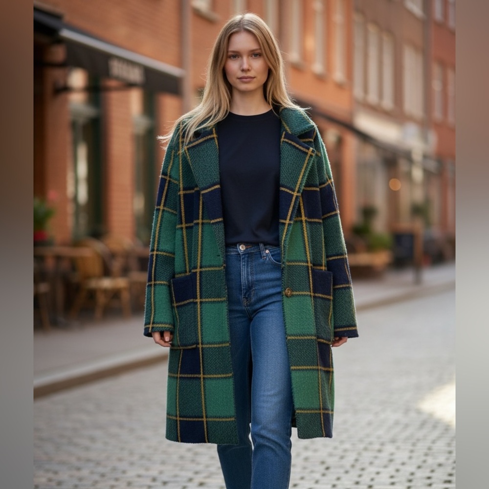 NWT BACCINI Plaid  Coat Green Navy Fuzzy Textured Blazer Jacket Large Heavy